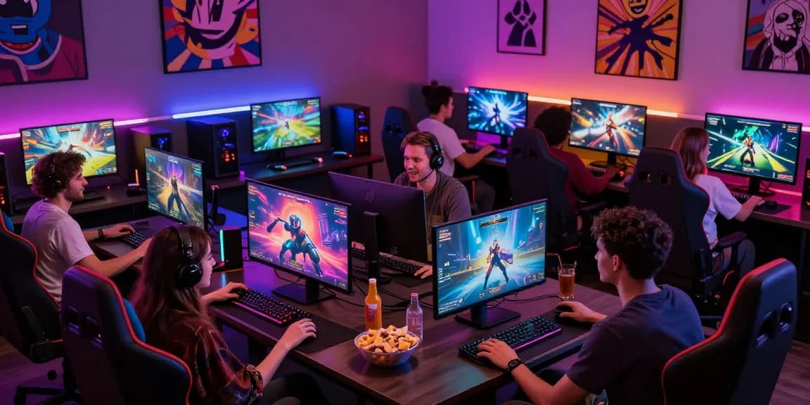 Friends enjoying engaging porn games in a vibrant gaming lounge atmosphere.