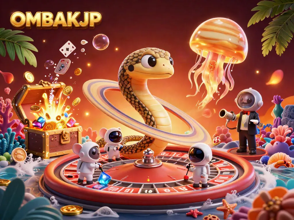 Place bets in a cosmic casino scene with OMBAKJP, featuring playful astronaut mice and a roulette snake.