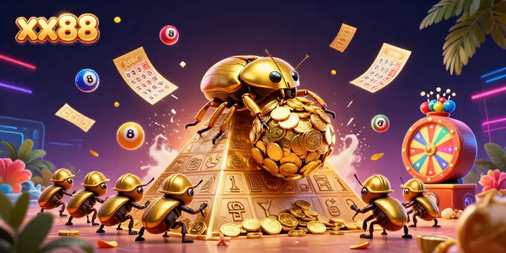Engage with the vibrant xx88 casino universe, featuring golden beetles and dynamic lottery elements.