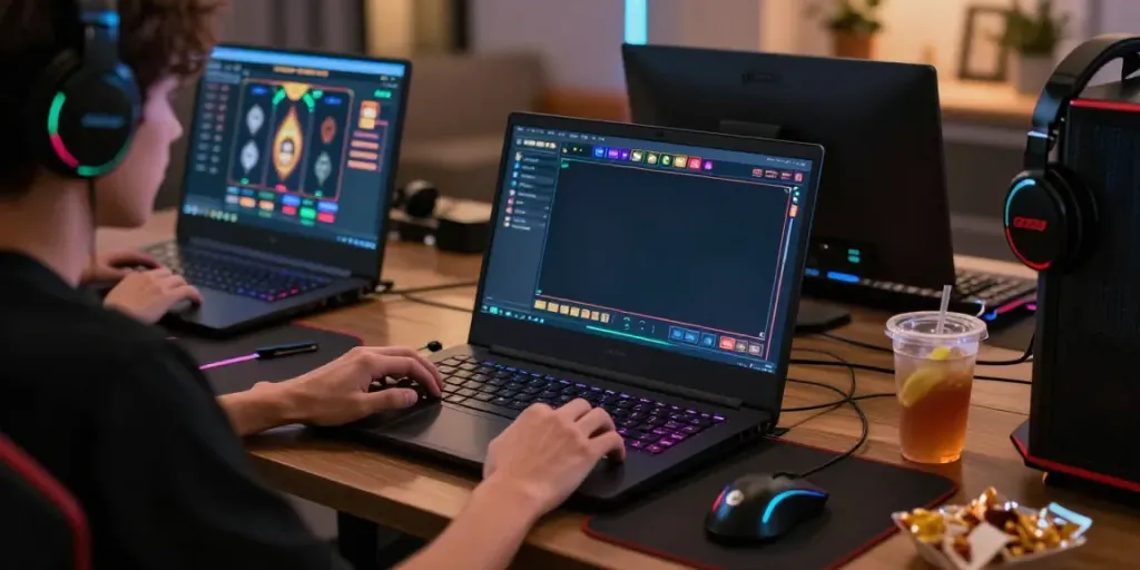 Pengalaman bermain oy288 slot online dengan laptop, aksesori gaming, dan suasana nyaman.