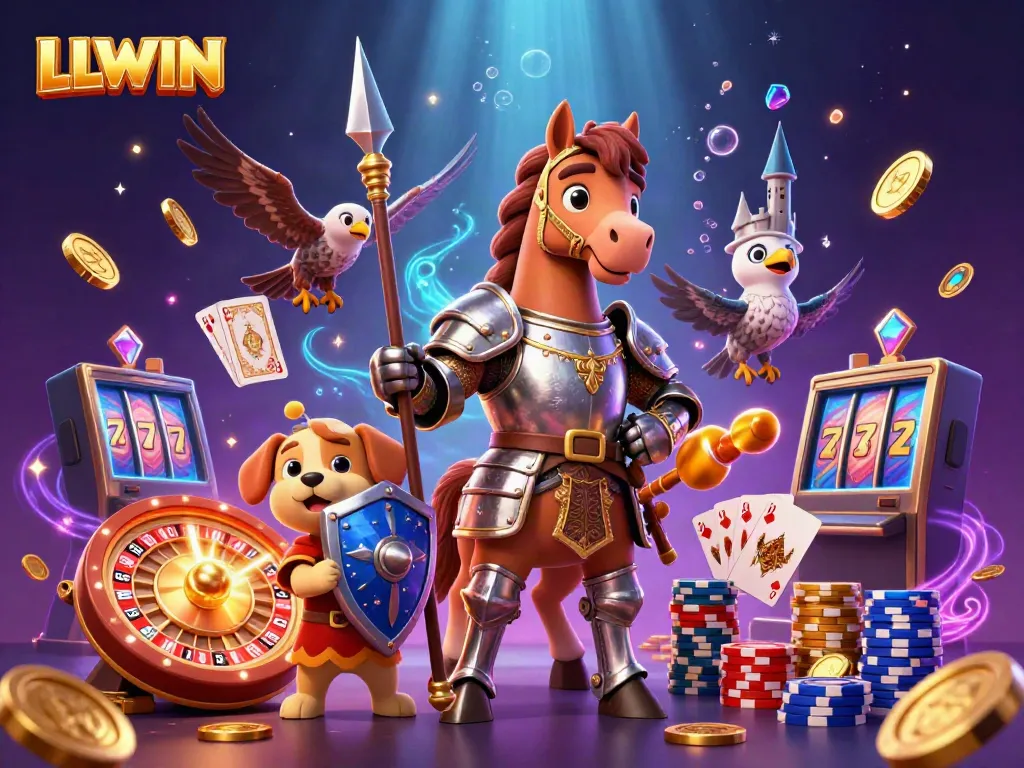 LLWIN showcases an exciting 3D casino illustration of a knight, squire, and falcon surrounded by vibrant gambling elements.