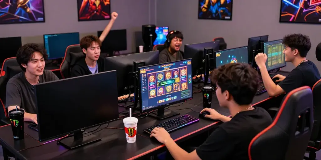 Exciting gaming lounge scene with players enjoying pesgslot on high-tech setups.