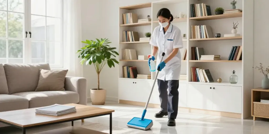 Home cleaning in Melbourne featuring a professional cleaner dusting shelves in a bright living room.