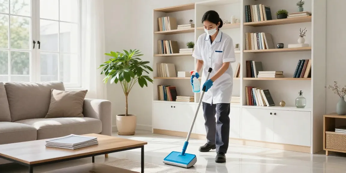 Home cleaning in Melbourne featuring a professional cleaner dusting shelves in a bright living room.