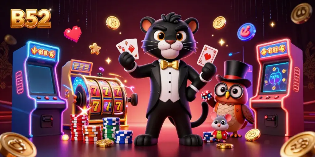 Engaging B52 casino scene featuring a panther, owl, and mouse amidst vibrant slots and arcade elements.