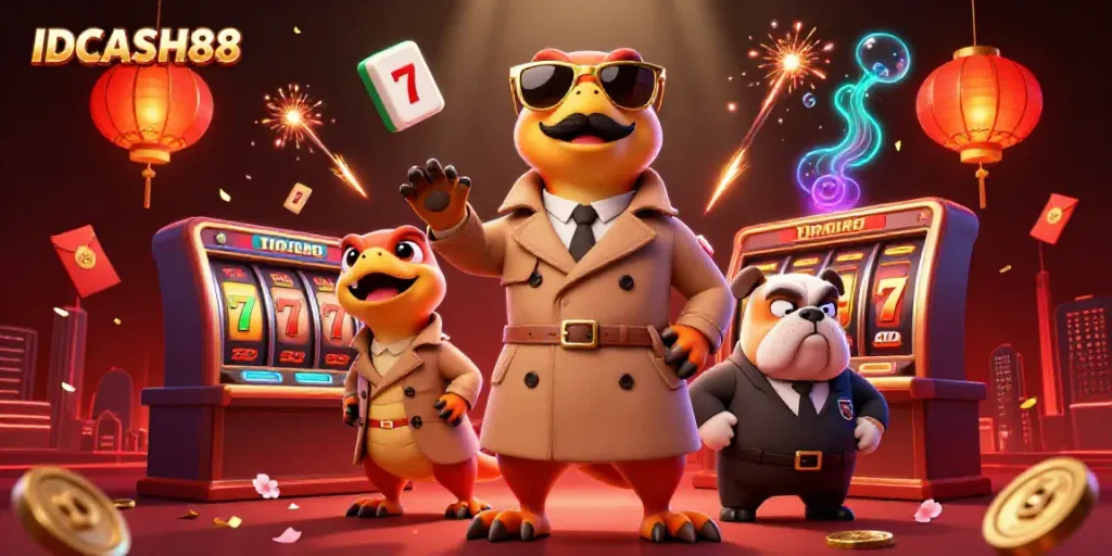 Experience fun at IDCASH88 with a whimsical scene of raptors in a trench coat at a casino entrance.