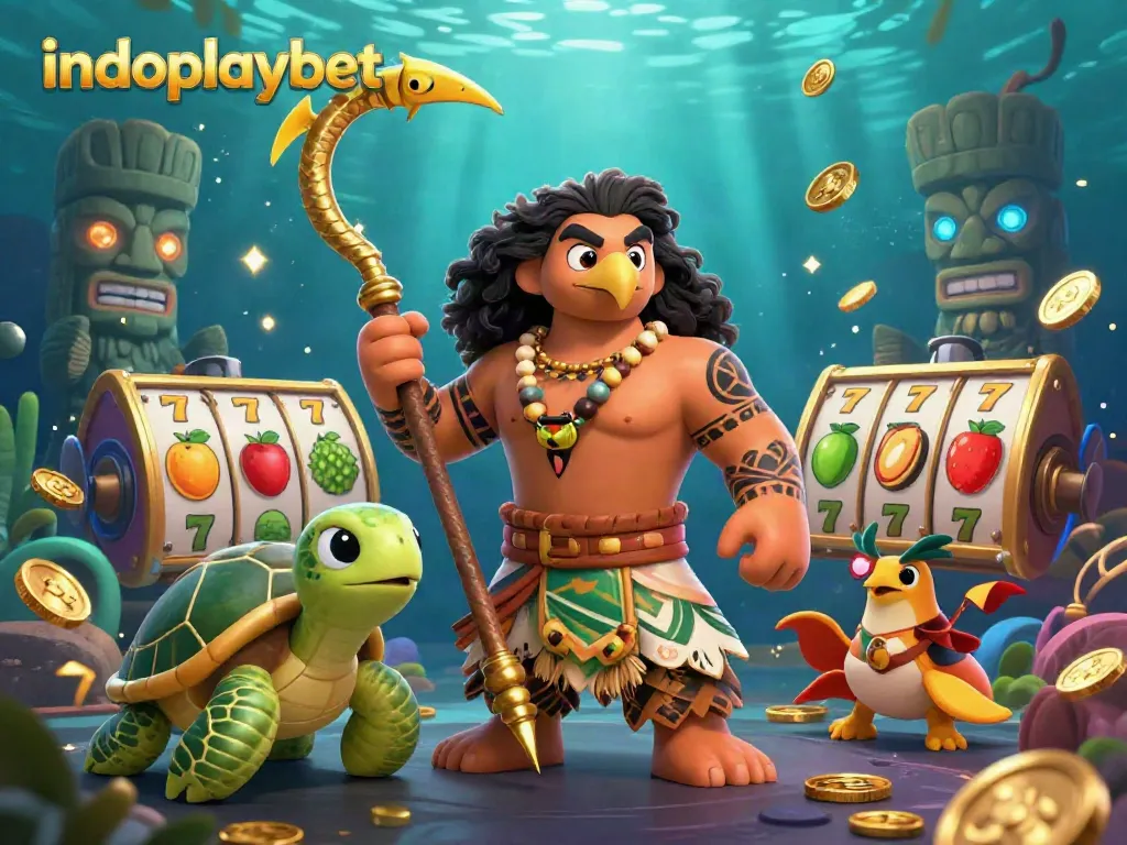 Visualisasi sumber daya judi indoplaybet dengan dewa setengah dan simbol slot bertema laut.