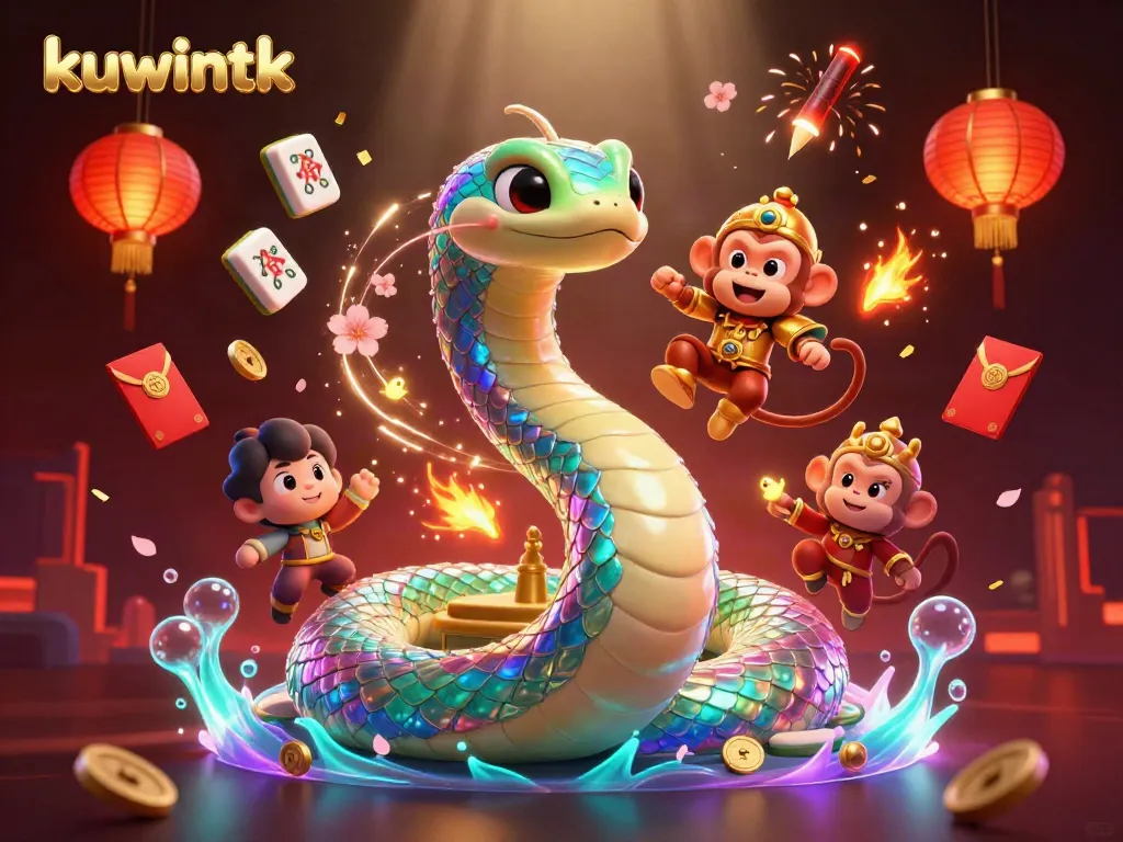 Engage in thrilling casino action with kuwintk featuring a rainbow serpent, monkey king, and festive game elements.