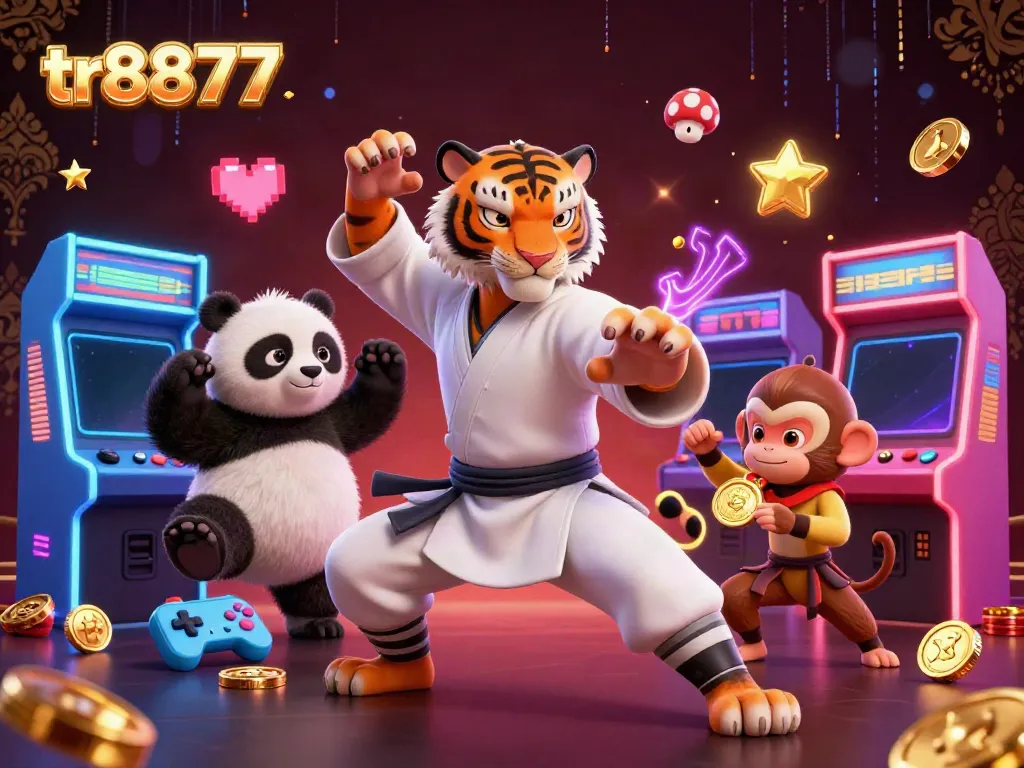 Engage in exciting casino adventures with tr8877 featuring a kung fu tiger master, panda disciple, and playful monkey.