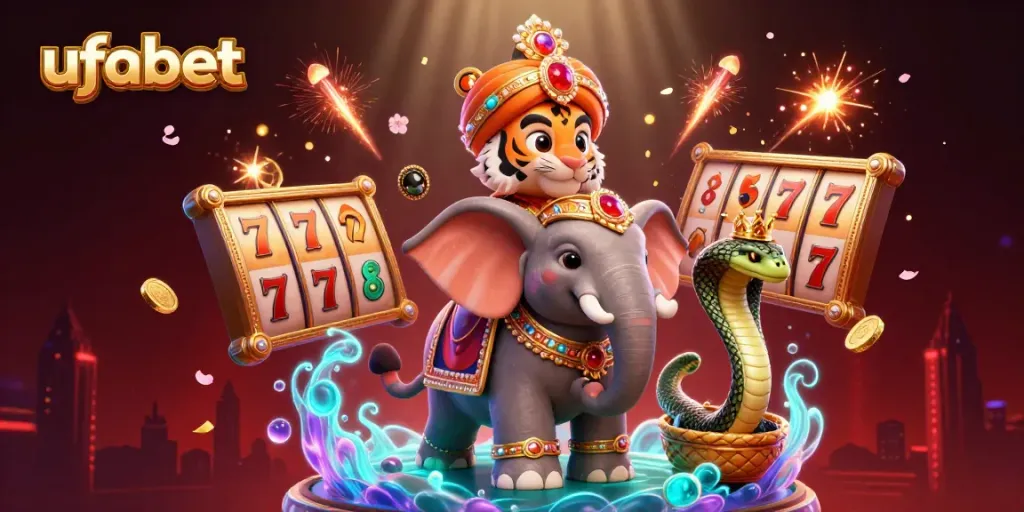 Experience the thrill of ufabet with a lavish 3D casino scene featuring a majestic tiger character.