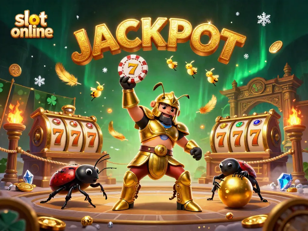 Spin to win in this vibrant slot online scene featuring cartoon beetles celebrating a jackpot.