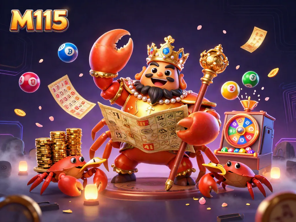 M115 highlights a golden crab emperor in a vibrant casino scene, engaging in lively gaming activities.
