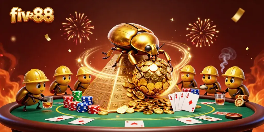 Experience the excitement of five88 in this vibrant 3D casino illustration featuring golden beetles and poker elements.