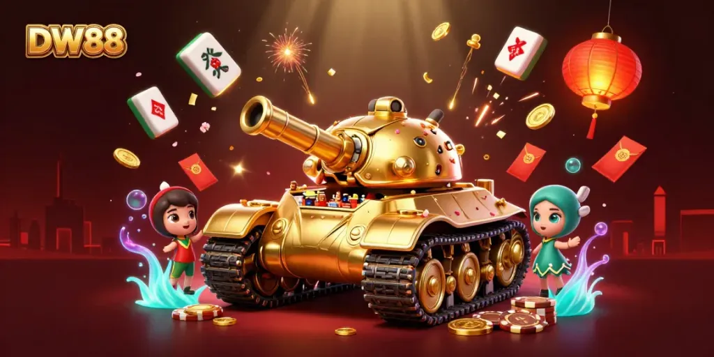 Engage with the DW88 experience featuring a golden beetle tank casino, vibrant game elements, and celebratory visuals.