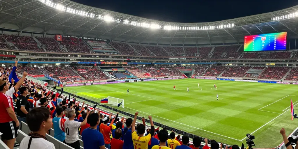 TOP10 นักเตะ showcasing football fans cheering in a vibrant stadium during a match.