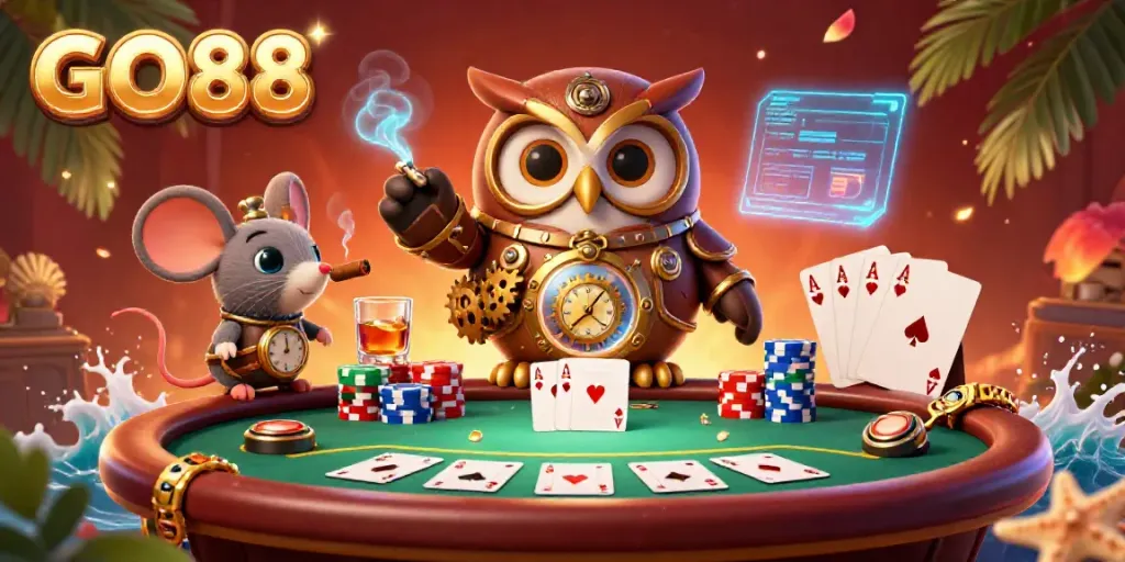 Engage in thrilling gameplay with GO88's vibrant 3D casino scene featuring exciting poker elements and characters.