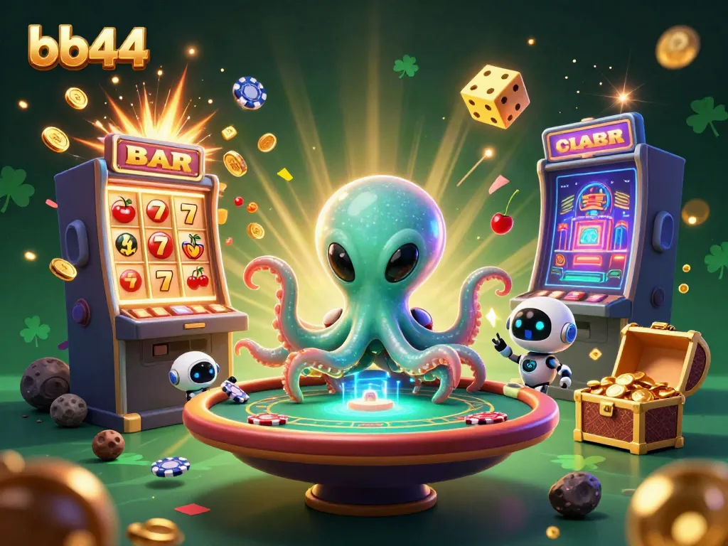 bb44 gaming scene with an alien octopus and robot at a poker table amidst slot machines and treasure chests