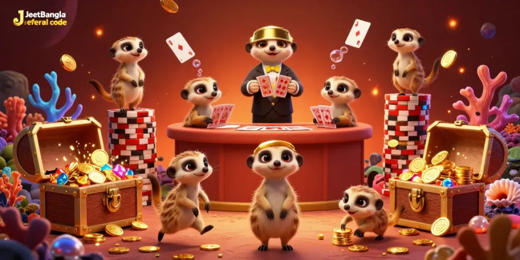 Engage with the JeetBangla referral code in a lively casino scene with meerkats and treasure.