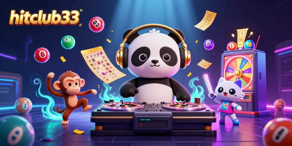 Engage in the vibrant world of hitclub33 with a dynamic casino scene featuring lively characters and gaming elements.