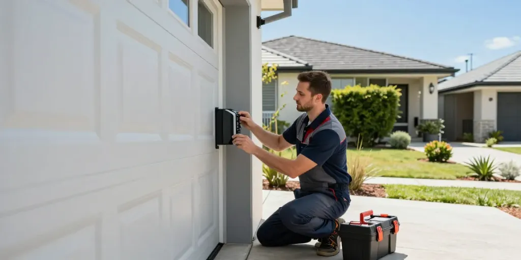 Technician performing a garage door service call in Perth, ensuring reliable repair.