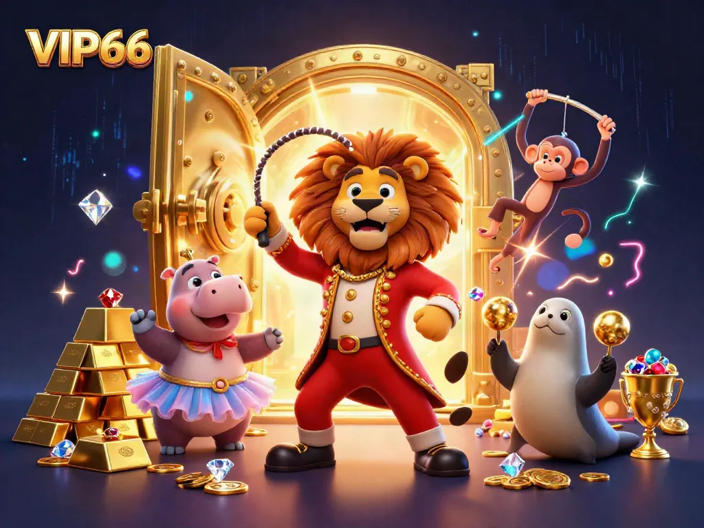 Experience the excitement of VIP66 with a lively casino scene featuring animated characters and rich treasures.