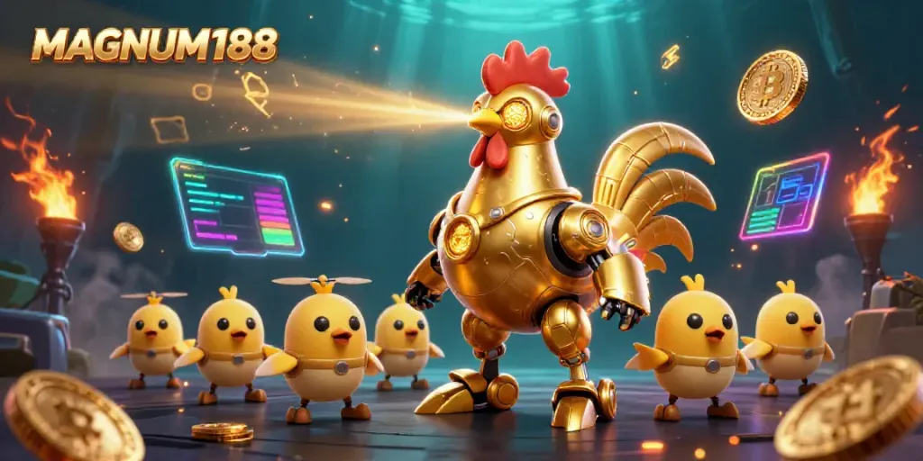 Engage with MAGNUM188's dynamic 3D casino robot adventuring through crypto elements.