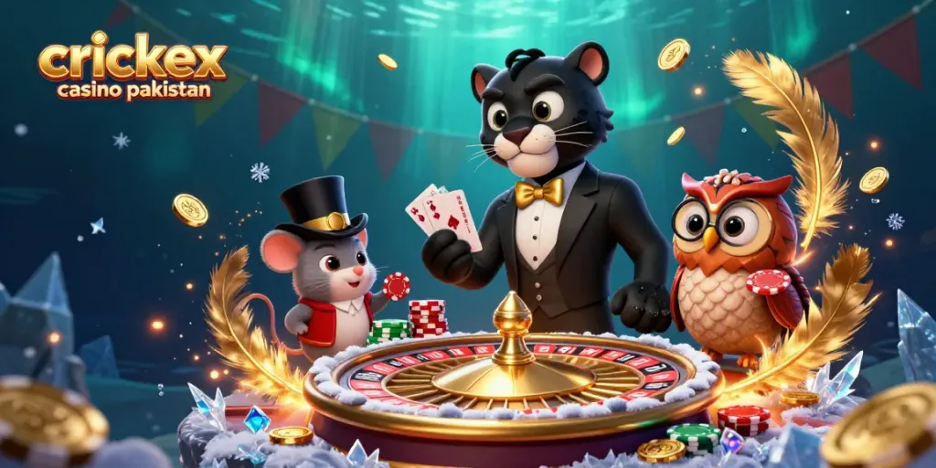 Exciting scene showcasing crickex casino pakistan with characters engaged in card dealing and gaming elements.
