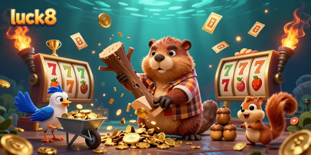 Experience the thrill of luck8 with a lively scene of characters celebrating jackpot wins and spinning reels.