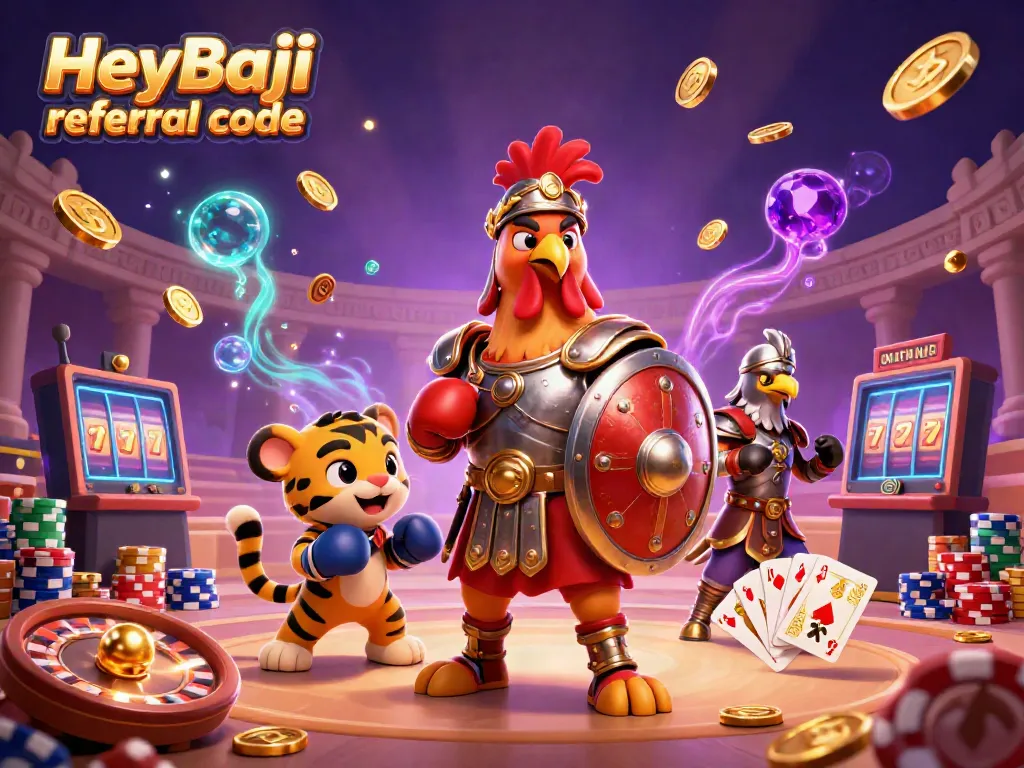 Engage with exciting HeyBaji referral code bonuses amidst gambling elements in vibrant illustration.