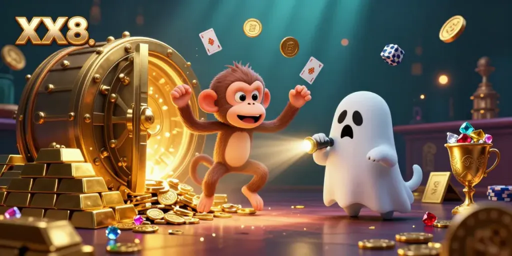 Experience thrilling gaming moments at XX8 with a playful poltergeist monkey and curious puppy in a rich, colorful casino.