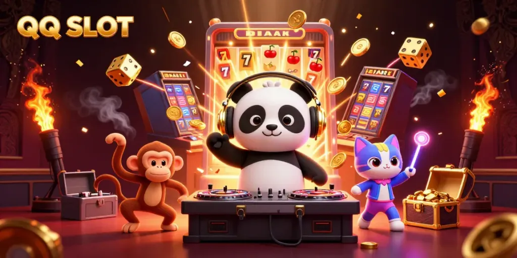 Experience the thrilling world of QQ SLOT with a vibrant party scene featuring a DJ panda and breakdancing characters.