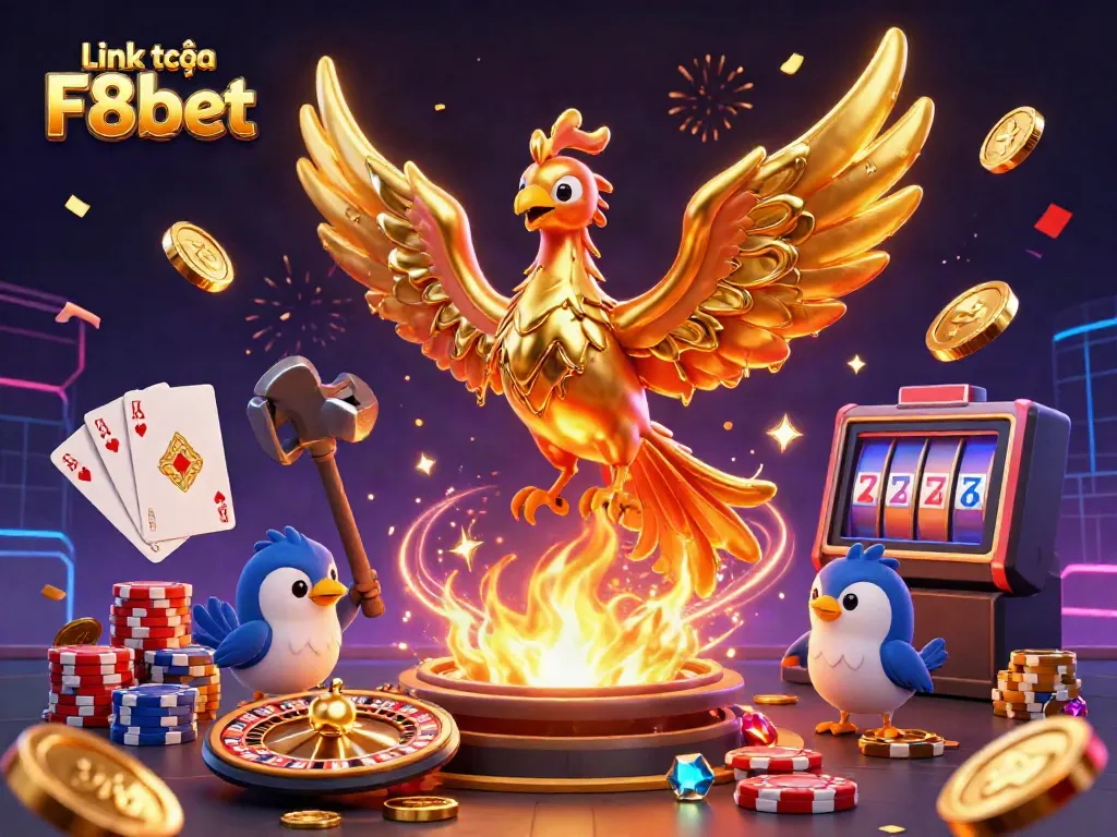 Join the excitement of gaming action with Link vào F8bet, featuring vibrant golds and thrilling casino elements.
