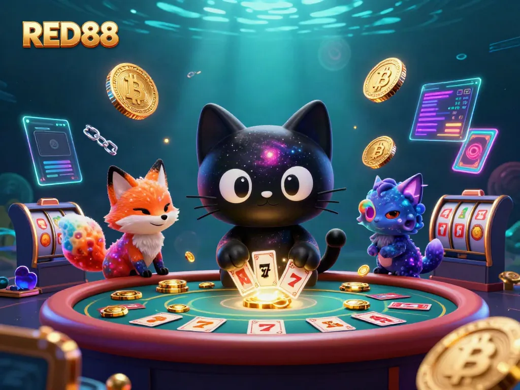 Engage with the captivating casino atmosphere of RED88, illustrated with vibrant characters and golden chips.