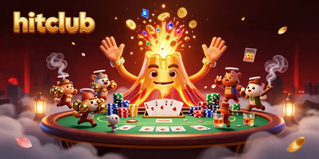 HitClub's thrilling casino scene capturing excitement with a golden volcano and poker elements.