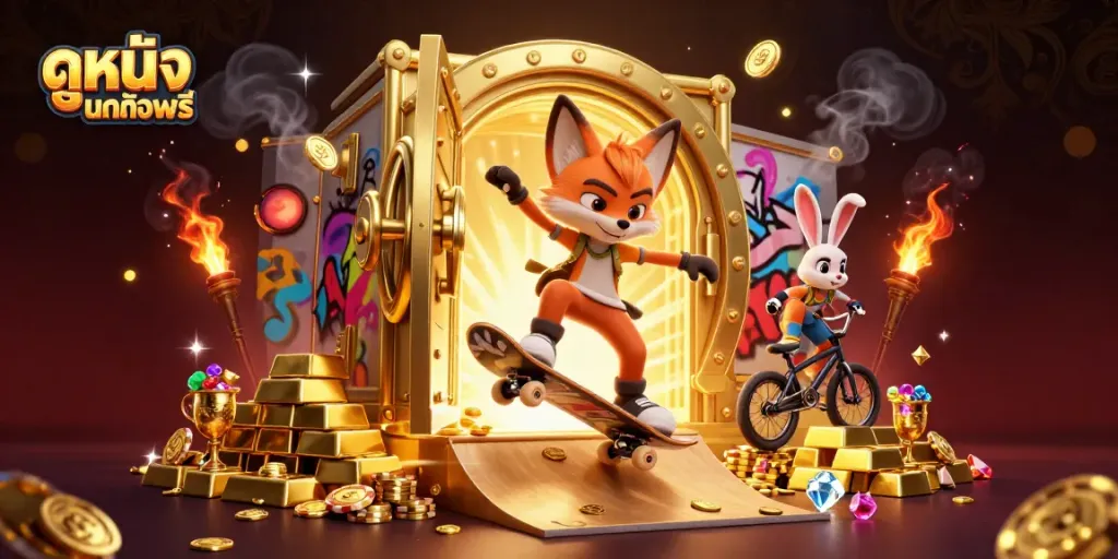 Experience ดูหนังออนไลน์ฟรี with a vibrant scene featuring a skateboarder fox and BMX rabbit surrounded by casino treasures.