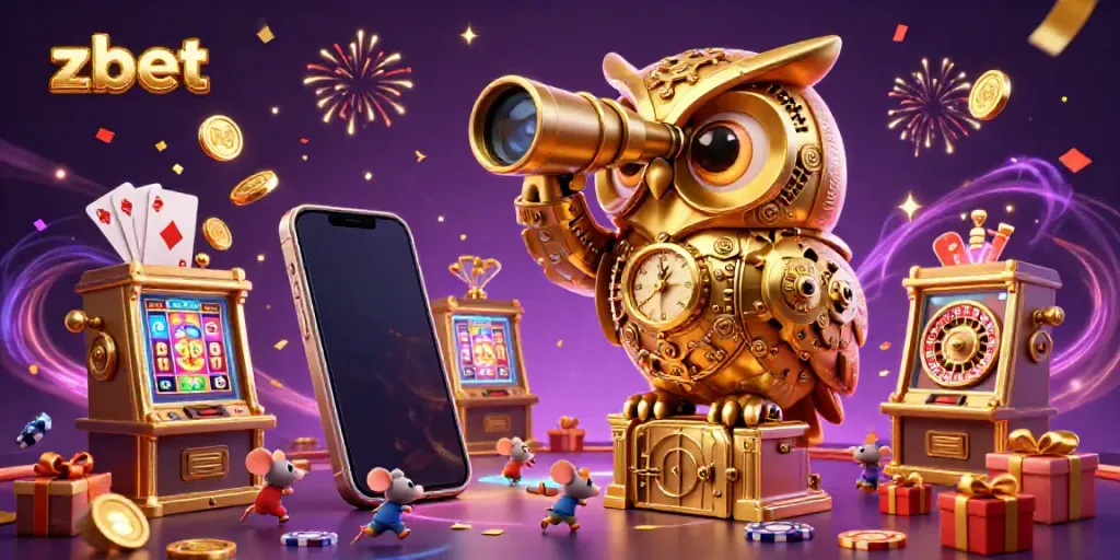 Engaging zbet casino scene featuring a golden owl and animated characters amidst slot machines and celebration elements.
