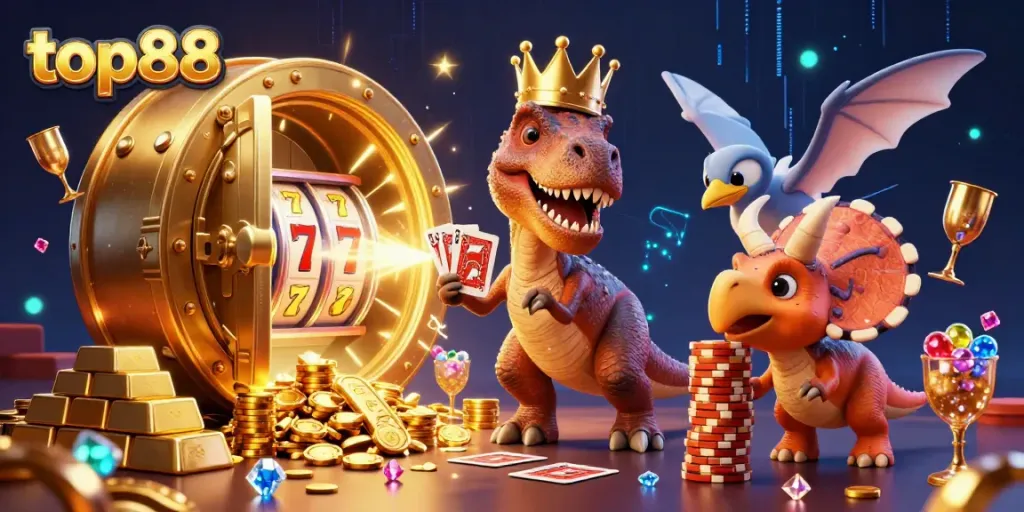 Experience thrilling top88 casino moments with dinosaurs and gems in this vibrant 3D illustration.