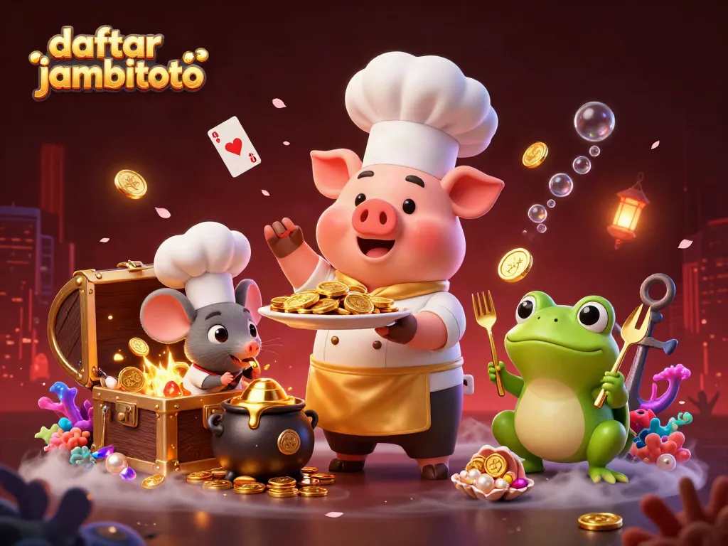 Join the excitement at daftar jambitoto where a chef pig serves golden winnings amidst an enchanting casino environment.