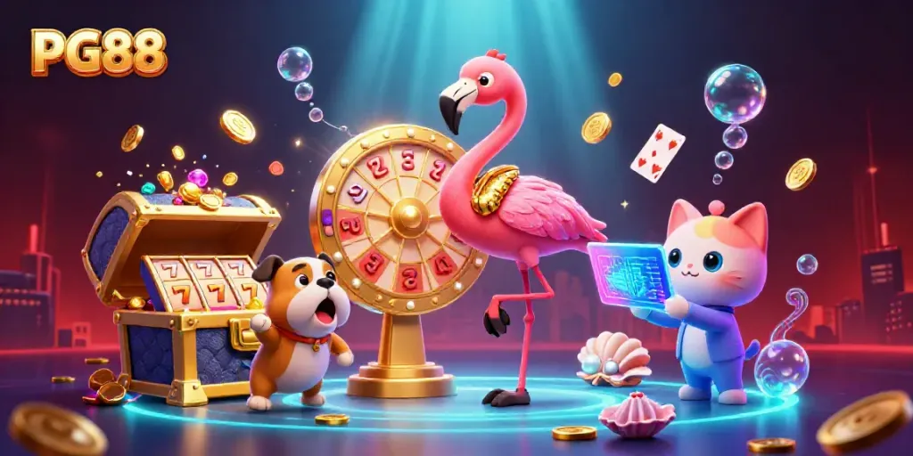 Engage with PG88's exciting atmosphere, featuring a show host and contestant amidst vibrant casino elements.