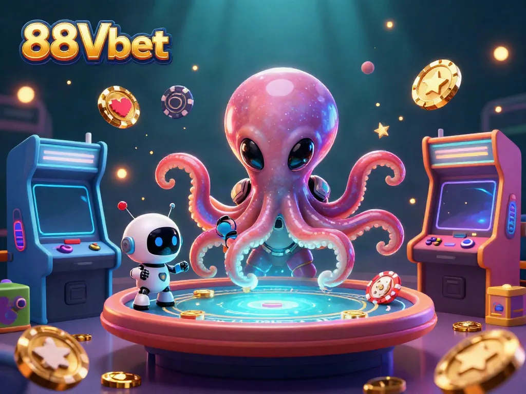 Engage with the exciting world of 88Vbet through a vibrant 3D illustration featuring an alien octopus and its robot friend.