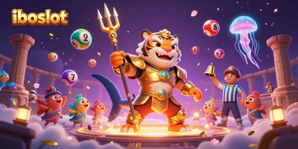 The iboslot scene showcases a golden tiger shark in an underwater colosseum, surrounded by vibrant lottery balls and an exciting ambiance.