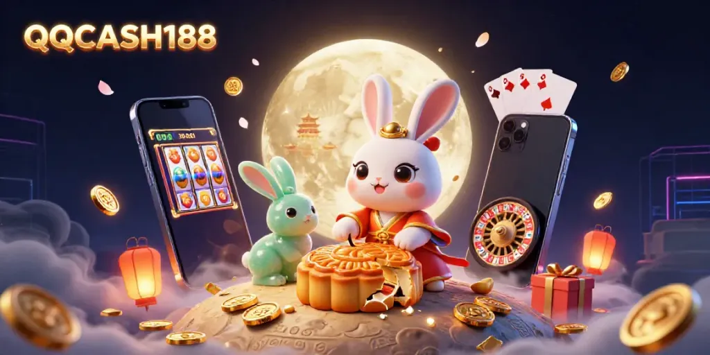Engage in QQCASH188's thrilling slot world with the moon rabbit and poker chips.