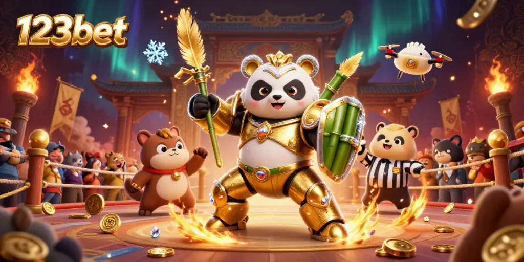 Engage in thrilling gameplay with 123bet featuring a mech-suit panda in a dynamic casino arena.