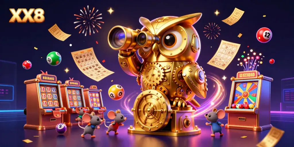 Engage with exciting gameplay at XX8 featuring a golden owl and vibrant casino elements.