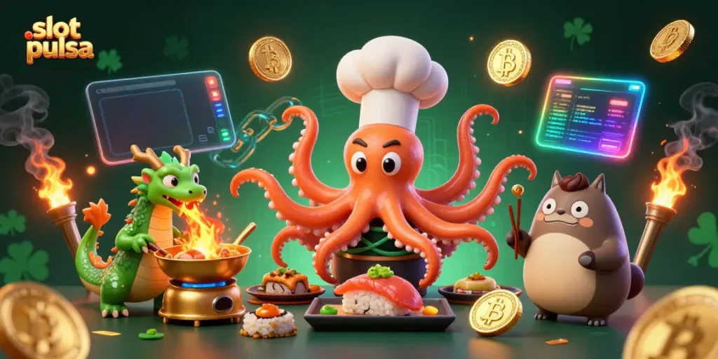 Menggambar permainan slot pulsa dengan chef cumi 3D dan naga hijau, ditambah tema kasino menarik.
