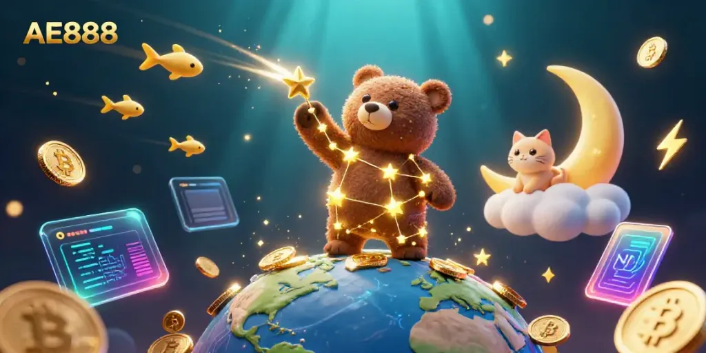 A cartoon constellation bear in the sky picks up coins, promoting AE888 online casino gaming.