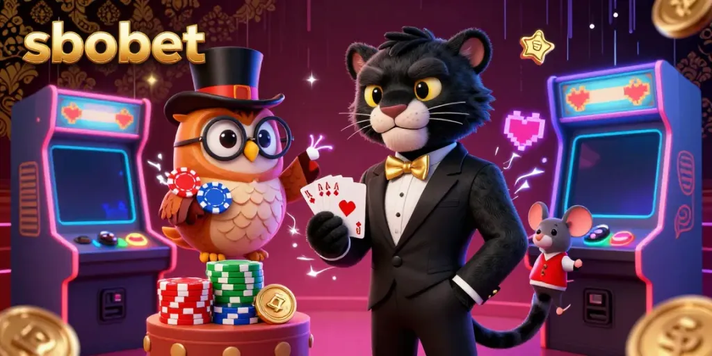 Join the action with sbobet as a panther deals cards, showcasing an exciting online gambling atmosphere.