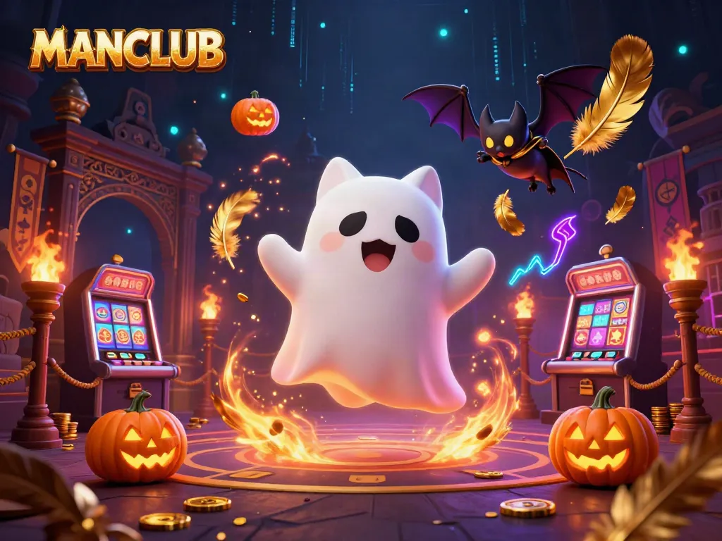 Engage with MANCLUB's exciting haunted casino scene with vibrant characters and spooky elements.