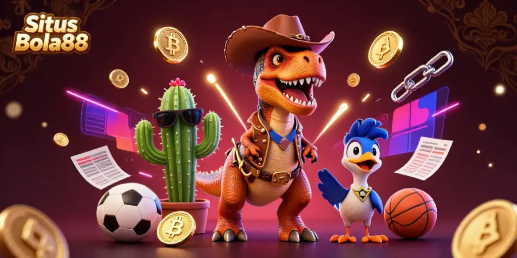 Situs Bola88 offers engaging sports betting with a dynamic scene featuring a cowboy dinosaur, cactus sidekick, and roadrunner.