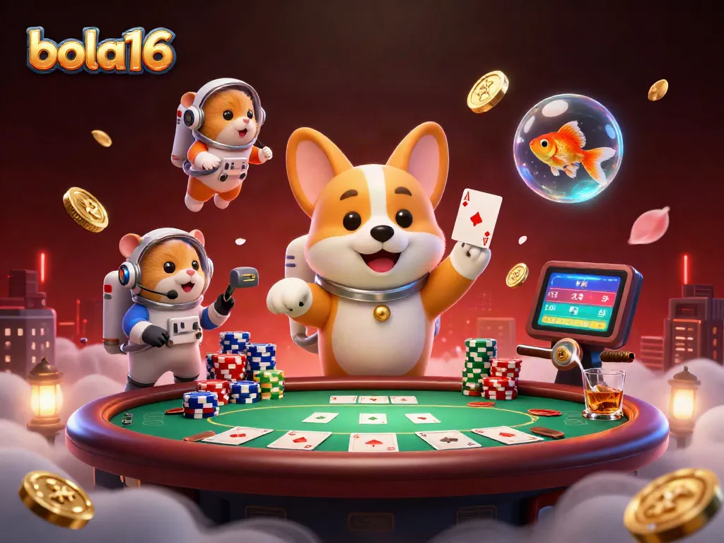 A playful illustration of bola16's casino scene with an astronaut corgi and a hamster controlling a floating poker environment.
